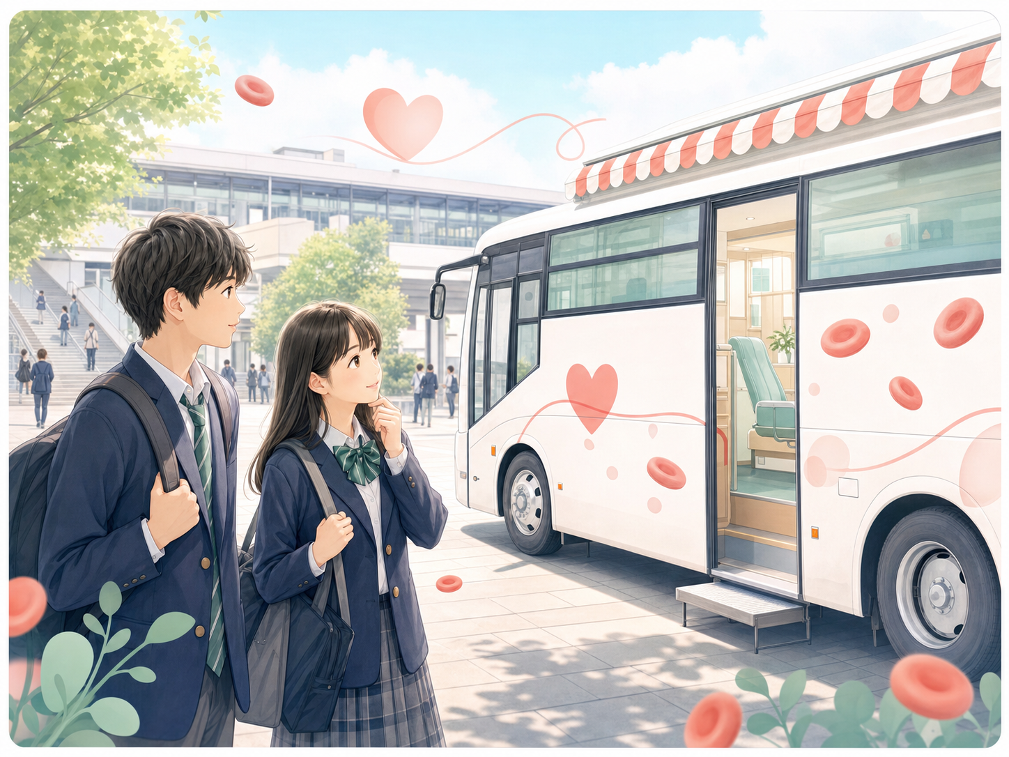 駅前の献血バスを見て献血について考える中高生2人のイラスト