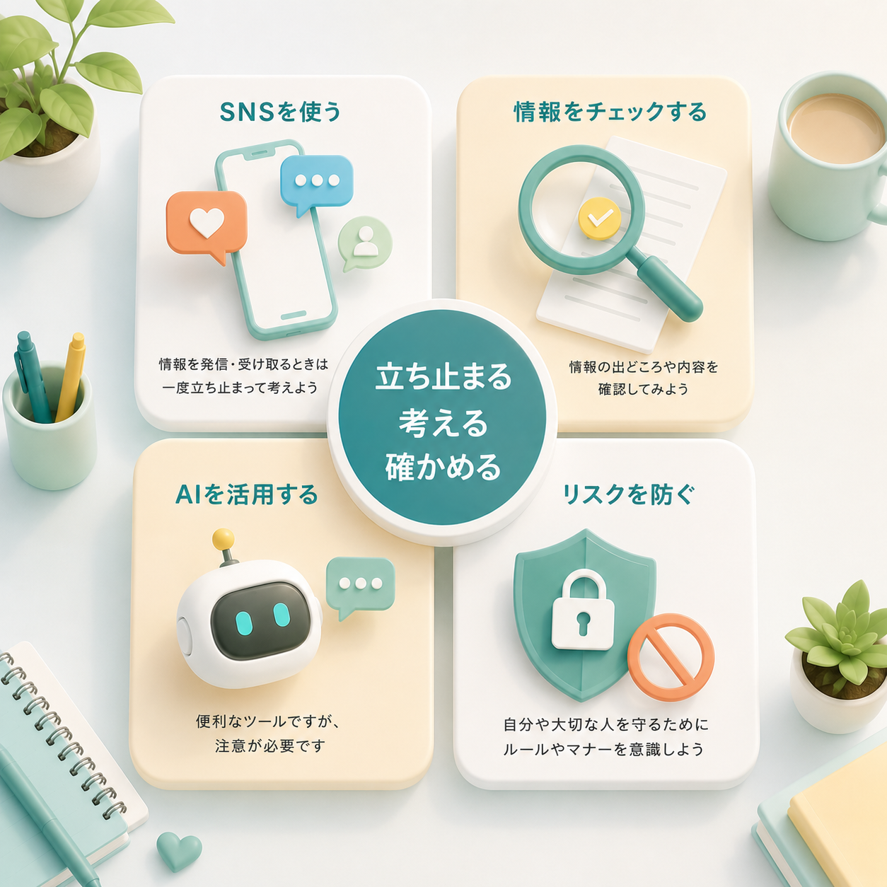 SNS、情報の確認、AIの活用、リスク防止について、立ち止まる・考える・確かめることを示したイラスト