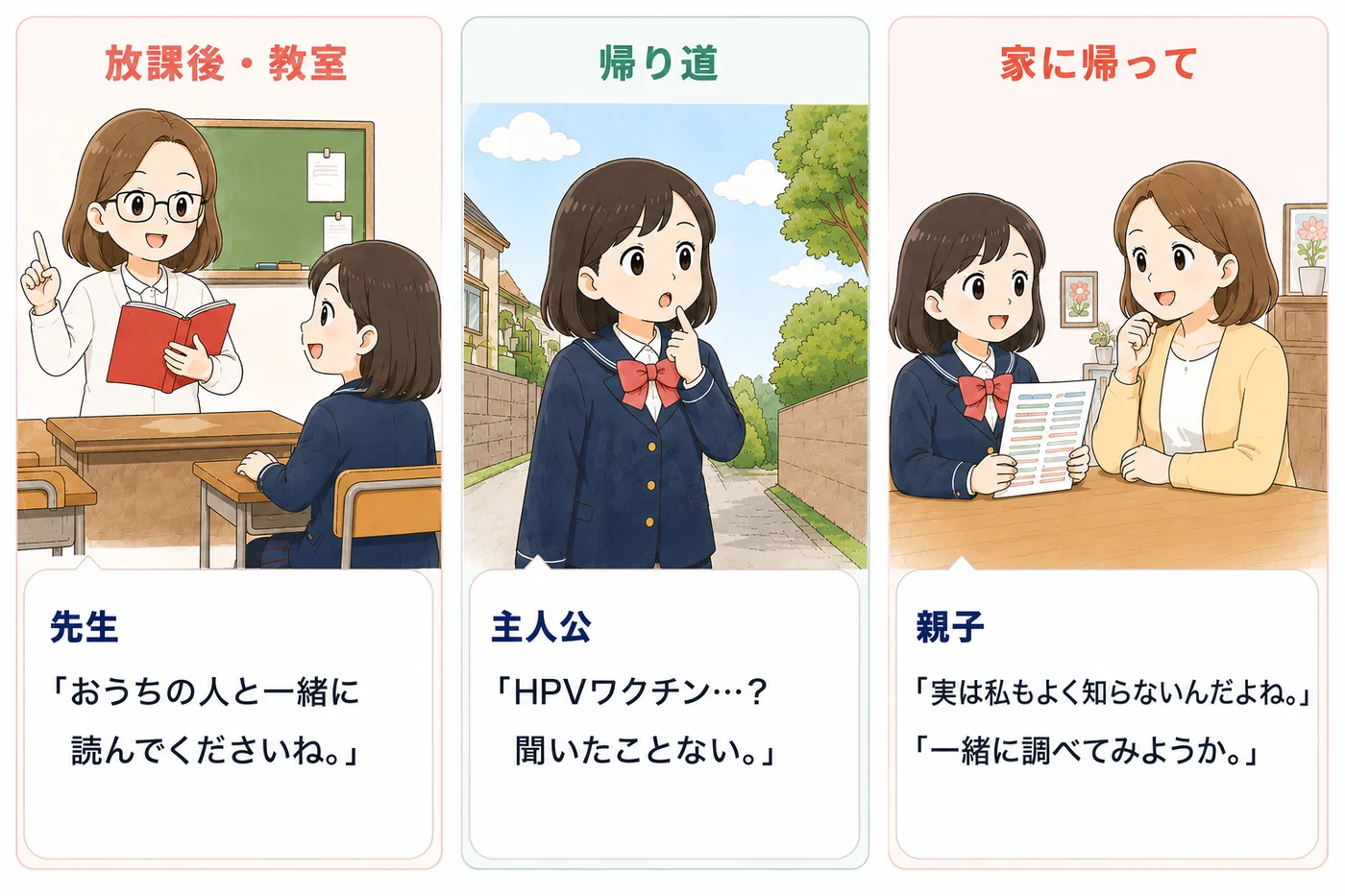 放課後にお知らせを受け取り、家で親子が一緒に調べようと話す3コマ漫画