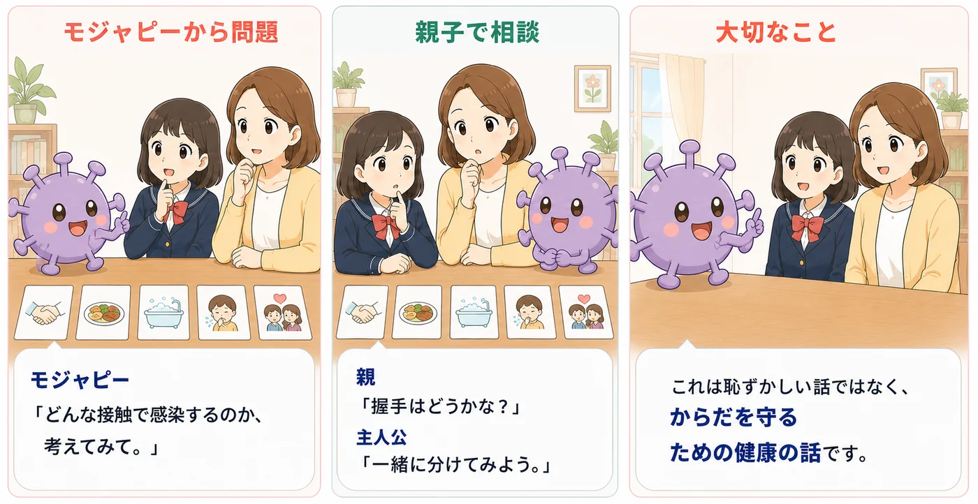 親子で感染経路のカードを考える3コマ漫画