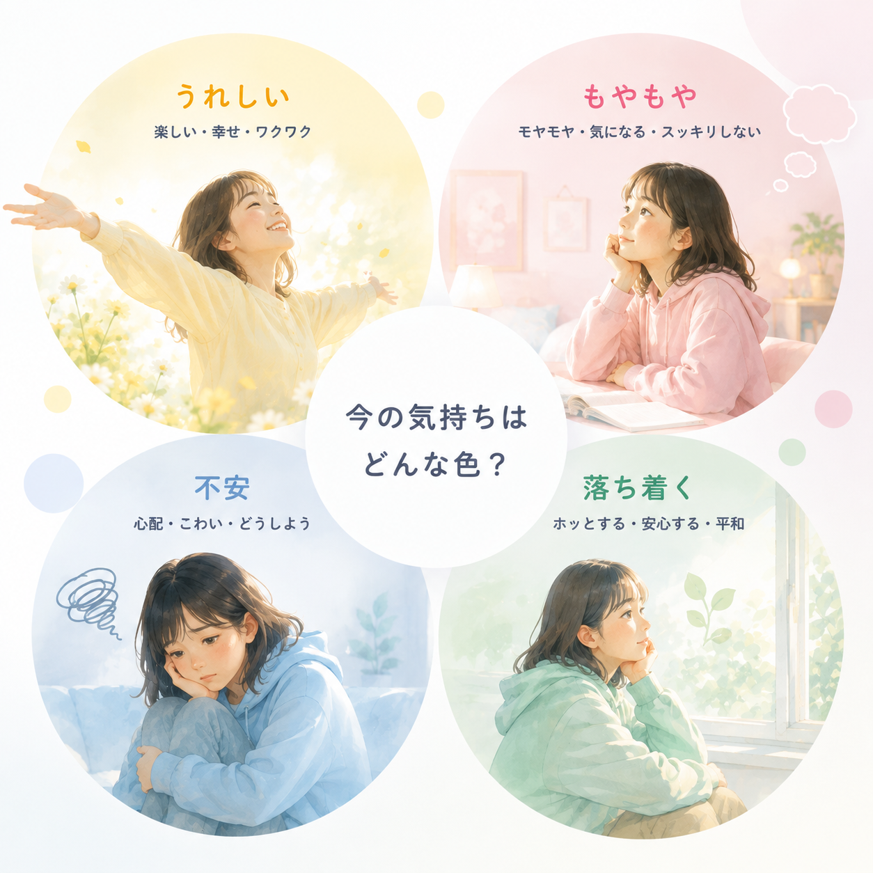 うれしい、もやもや、不安、落ち着くという4つの気持ちを色と人物で表した『今の気持ちはどんな色？』のイラスト