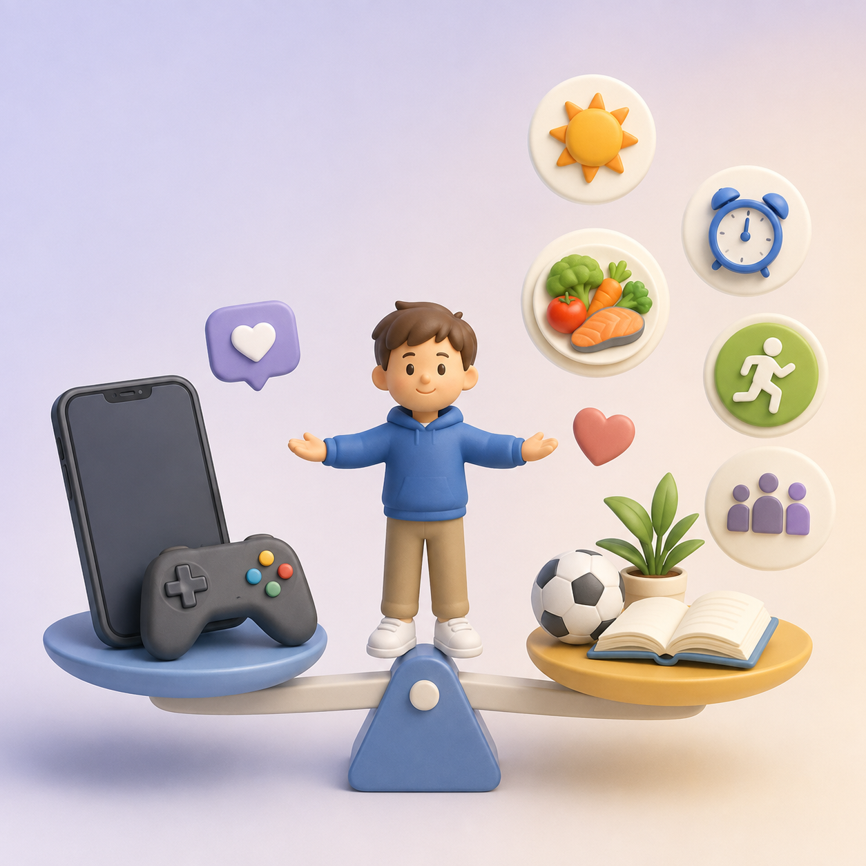 スマートフォンやゲームと、睡眠、食事、運動、勉強、人とのつながりのバランスを考える中高生のイラスト