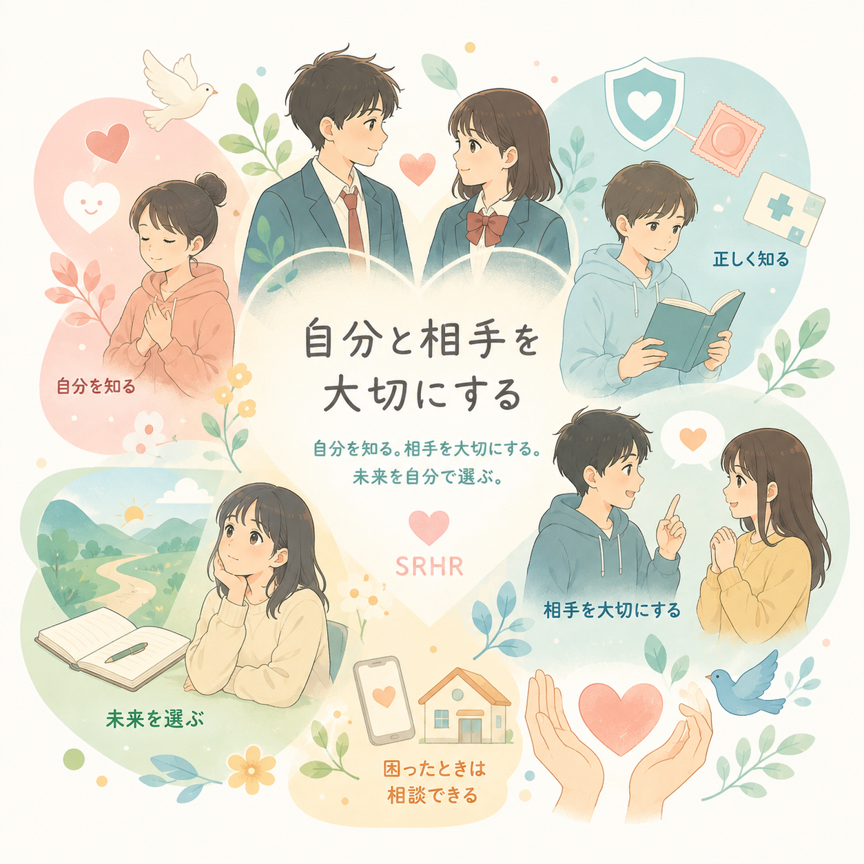 自分を知る、相手を大切にする、未来を選ぶことを表した中高生のイラスト