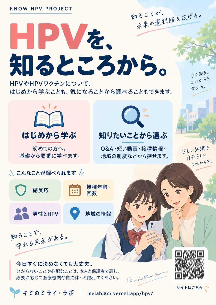 はじめから学ぶ、知りたいことから選ぶ、という2つの入口を示したHPV啓発サイトポスター