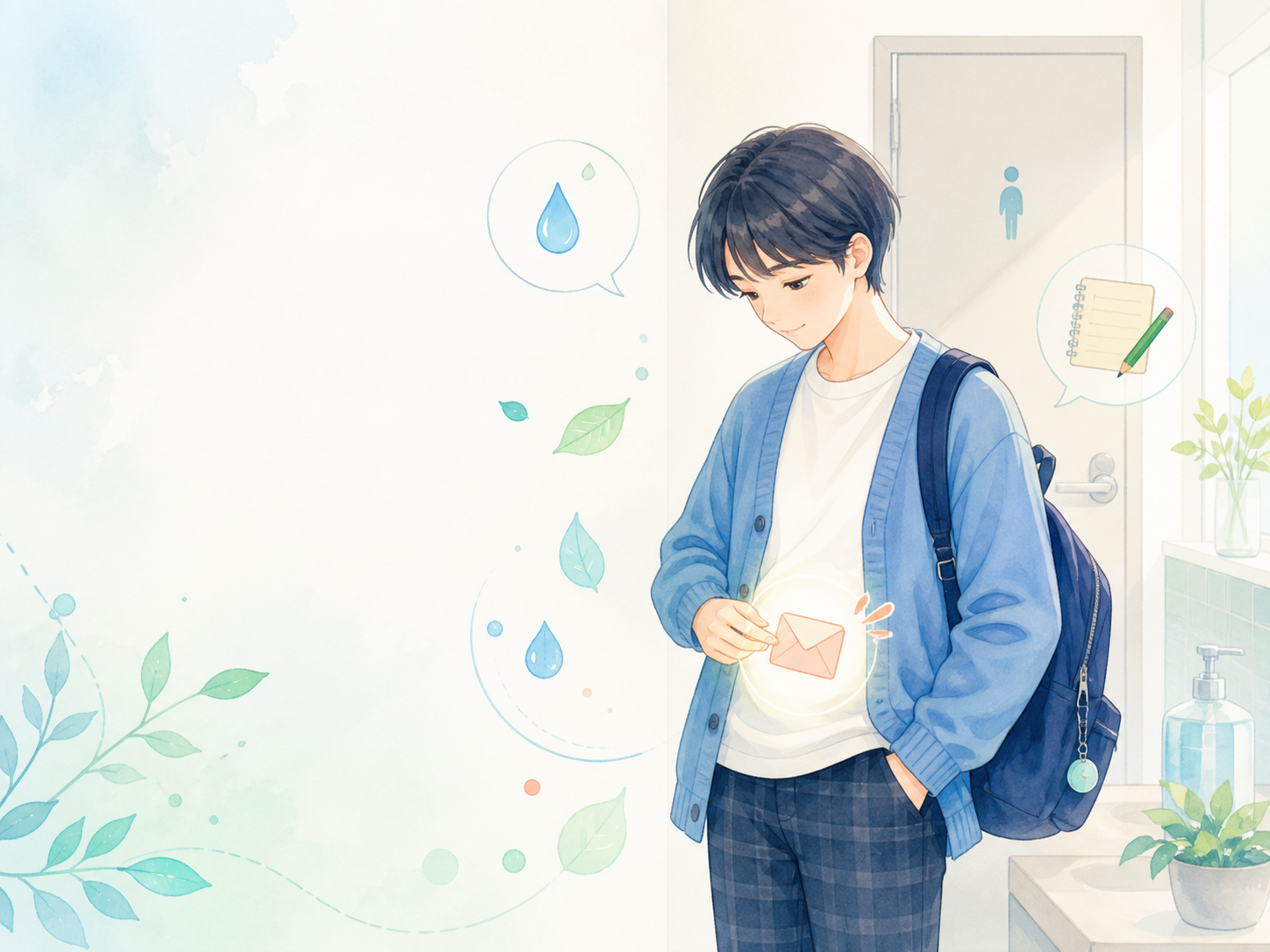 学校の洗面空間で、お腹に届いた手紙のような体のメッセージに気づく生徒のイラスト